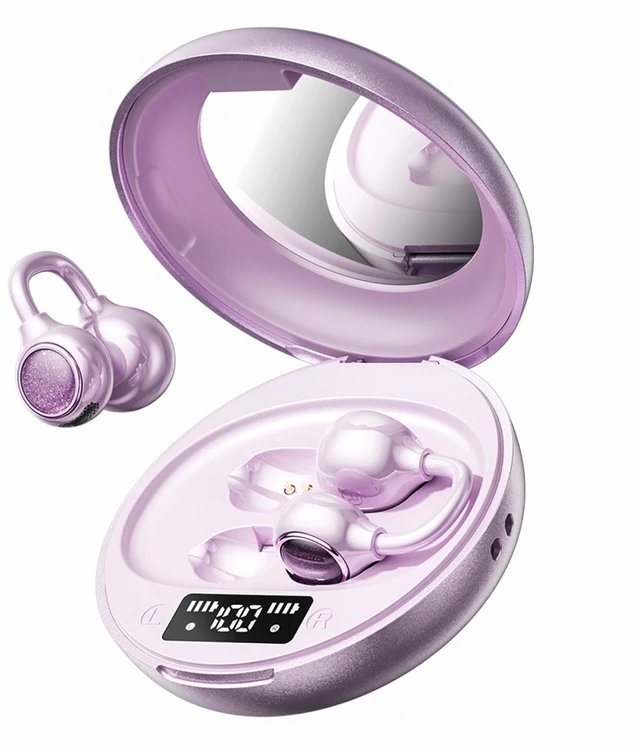 Main image of 2026 Open Ear Clip-On Earbuds, Bluetooth 6.0, Mirror Case,40H, IPX6 Open Ear Earbuds for Women Stylish powder compact case with LED display and mirror, 40H playtime and IPX6 Waterproof purple