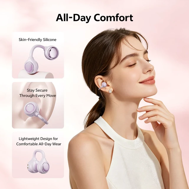 Alt view image 2 of 7 - 2026 Open Ear Clip-On Earbuds, Bluetooth 6.0, Mirror Case,40H, IPX6 Open Ear Earbuds for Women Stylish powder compact case with LED display and mirror, 40H playtime and IPX6 Waterproof purple
