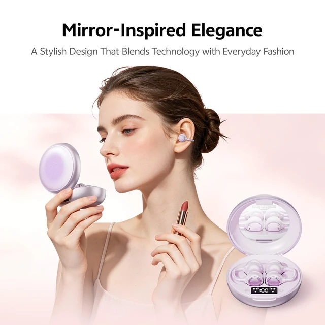 Alt view image 3 of 7 - 2026 Open Ear Clip-On Earbuds, Bluetooth 6.0, Mirror Case,40H, IPX6 Open Ear Earbuds for Women Stylish powder compact case with LED display and mirror, 40H playtime and IPX6 Waterproof purple