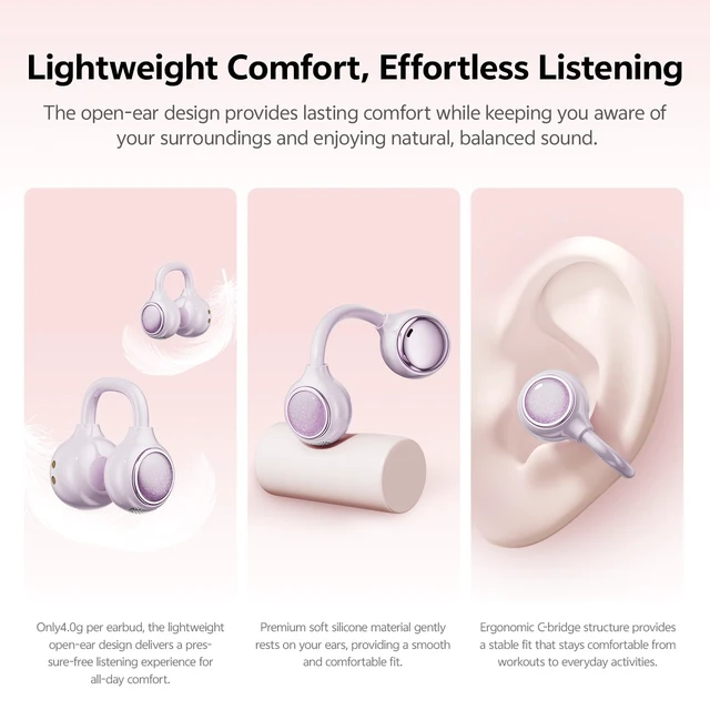 Alt view image 4 of 7 - 2026 Open Ear Clip-On Earbuds, Bluetooth 6.0, Mirror Case,40H, IPX6 Open Ear Earbuds for Women Stylish powder compact case with LED display and mirror, 40H playtime and IPX6 Waterproof purple