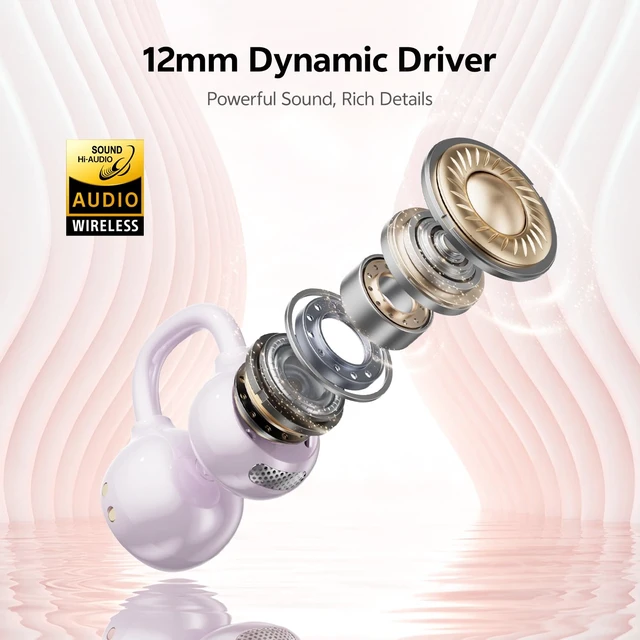 Alt view image 5 of 7 - 2026 Open Ear Clip-On Earbuds, Bluetooth 6.0, Mirror Case,40H, IPX6 Open Ear Earbuds for Women Stylish powder compact case with LED display and mirror, 40H playtime and IPX6 Waterproof purple