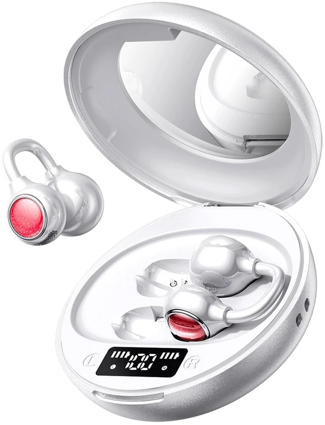 Main image of 2026 Open Ear Clip-On Earbuds, Bluetooth 6.0, Mirror Case,40H, IPX6 Open Ear Earbuds for Women Stylish powder compact case with LED display and mirror, 40H playtime and IPX6 Waterproof purple