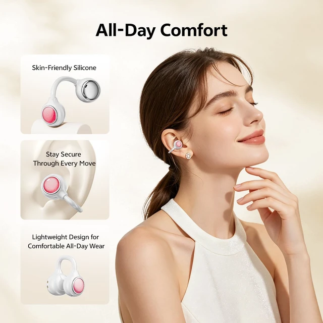 Alt view image 2 of 7 - 2026 Open Ear Clip-On Earbuds, Bluetooth 6.0, Mirror Case,40H, IPX6 Open Ear Earbuds for Women Stylish powder compact case with LED display and mirror, 40H playtime and IPX6 Waterproof purple