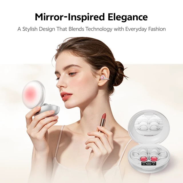 Alt view image 3 of 7 - 2026 Open Ear Clip-On Earbuds, Bluetooth 6.0, Mirror Case,40H, IPX6 Open Ear Earbuds for Women Stylish powder compact case with LED display and mirror, 40H playtime and IPX6 Waterproof purple