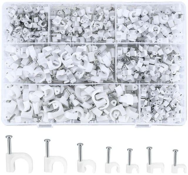 Main image of 700 Pcs Cable Clips with Steel Nails, Cable Wire Cord Management Clips, White Ethernet Cable/Coax Cable/Cable Cord Holder Staples Clips with Tacks Nails for Wall, 4mm 5mm 6mm 8mm 10mm
