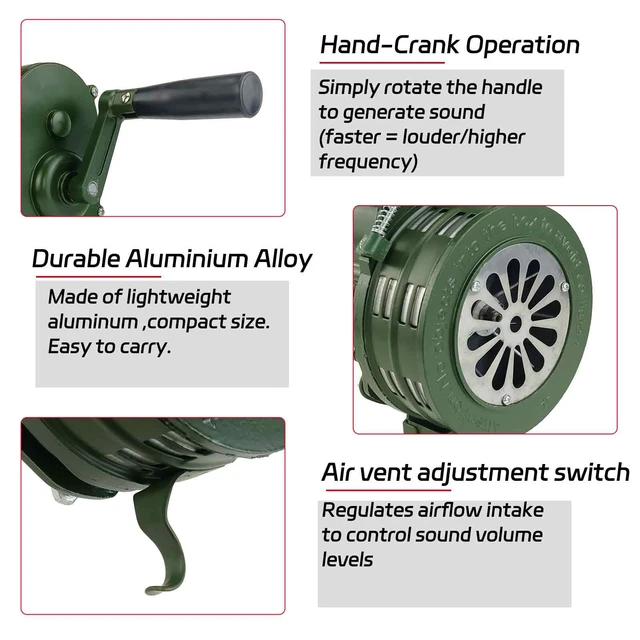 Alt view image 3 of 7 - Hand Crank Air Raid Siren 110dB Base Mount Manual Emergency Alarm Base/table mount design,Loud enough for outdoor emergency & survival alerts, Durable construction