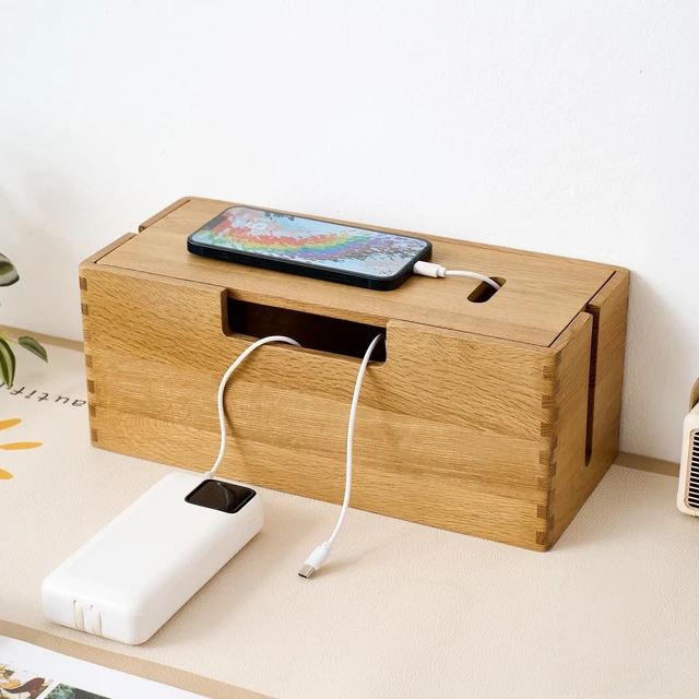 Main image of Oak Wood Cable Management Box - Large Cord Hider & Organizer with Magnetic Lid for Desk & Floor Cables in Home Office, Living Room, Bedroom (Natural)