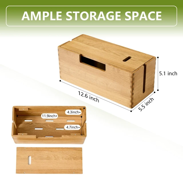 Alt view image 2 of 7 - Oak Wood Cable Management Box - Large Cord Hider & Organizer with Magnetic Lid for Desk & Floor Cables in Home Office, Living Room, Bedroom (Natural)