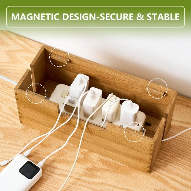 Alt view image 4 of 7 - Oak Wood Cable Management Box - Large Cord Hider & Organizer with Magnetic Lid for Desk & Floor Cables in Home Office, Living Room, Bedroom (Natural)