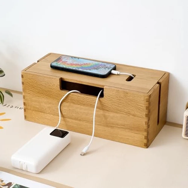 Alt view image 7 of 7 - Oak Wood Cable Management Box - Large Cord Hider & Organizer with Magnetic Lid for Desk & Floor Cables in Home Office, Living Room, Bedroom (Natural)