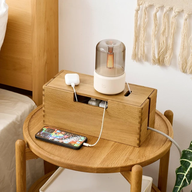 Alt view image 6 of 7 - Oak Wood Cable Management Box - Large Cord Hider & Organizer with Magnetic Lid for Desk & Floor Cables in Home Office, Living Room, Bedroom (Natural)
