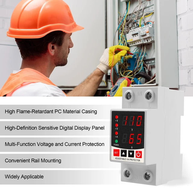 Alt view image 2 of 7 - Adjustable V/A Protector Over/Under Voltage & Overcurrent Protection Intelligent Relay Reset Protector Voltage Output Stabilizer for Home Office Appliance, AC110V DC85-300V 63A, Din Rail Mount