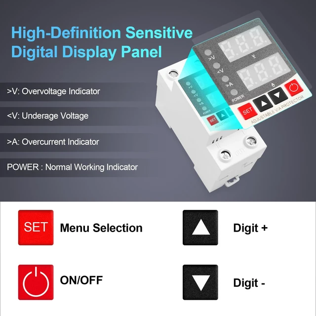 Alt view image 3 of 7 - Adjustable V/A Protector Over/Under Voltage & Overcurrent Protection Intelligent Relay Reset Protector Voltage Output Stabilizer for Home Office Appliance, AC110V DC85-300V 63A, Din Rail Mount