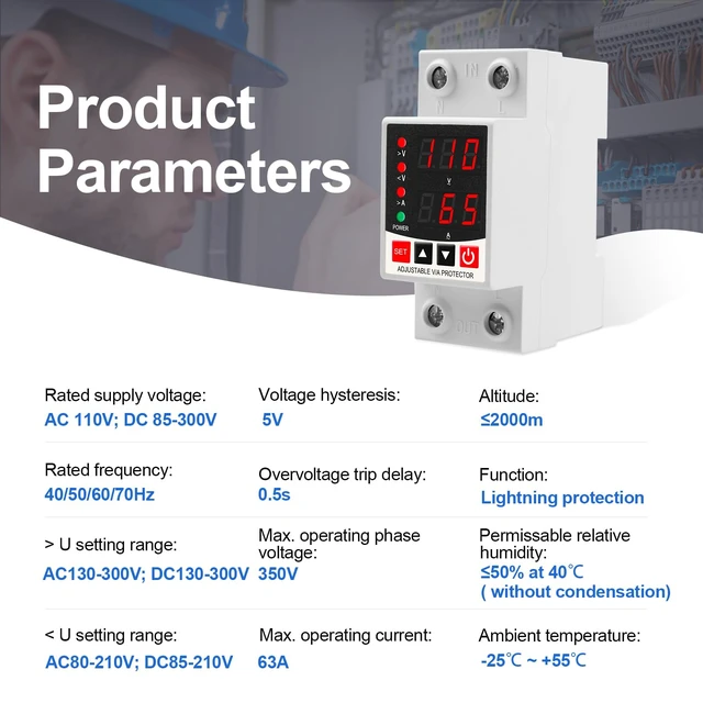 Alt view image 4 of 7 - Adjustable V/A Protector Over/Under Voltage & Overcurrent Protection Intelligent Relay Reset Protector Voltage Output Stabilizer for Home Office Appliance, AC110V DC85-300V 63A, Din Rail Mount