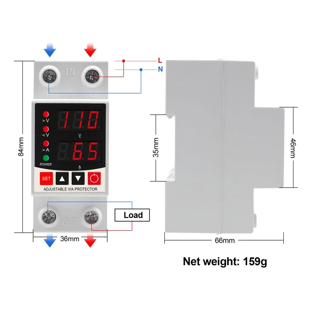 Alt view image 7 of 7 - Adjustable V/A Protector Over/Under Voltage & Overcurrent Protection Intelligent Relay Reset Protector Voltage Output Stabilizer for Home Office Appliance, AC110V DC85-300V 63A, Din Rail Mount
