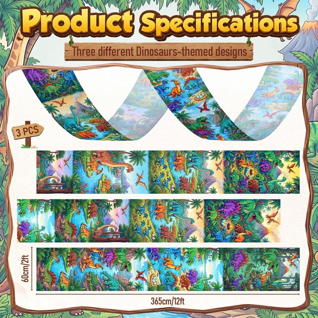 Alt view image 2 of 6 - 3 Pcs Dinosaur Themed Ceiling Decorations, 2 x 12 ft Hanging Fabric Ornaments, Prehistoric Style Party Supplies for Birthday Baby Shower Classroom Photo Backdrop & Various Events