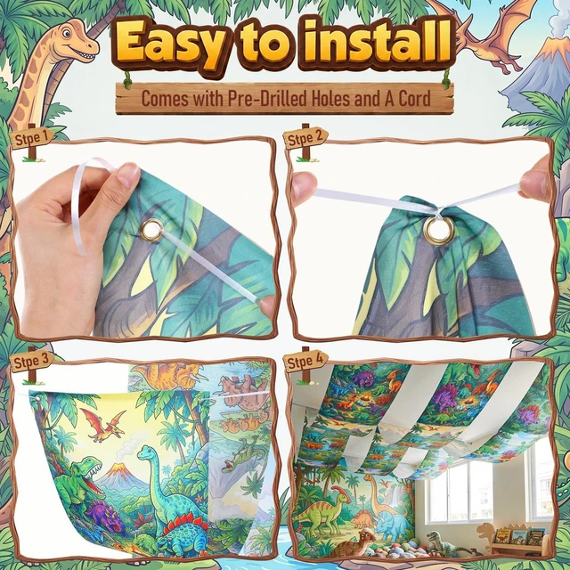 Alt view image 3 of 6 - 3 Pcs Dinosaur Themed Ceiling Decorations, 2 x 12 ft Hanging Fabric Ornaments, Prehistoric Style Party Supplies for Birthday Baby Shower Classroom Photo Backdrop & Various Events