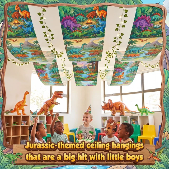 Alt view image 4 of 6 - 3 Pcs Dinosaur Themed Ceiling Decorations, 2 x 12 ft Hanging Fabric Ornaments, Prehistoric Style Party Supplies for Birthday Baby Shower Classroom Photo Backdrop & Various Events
