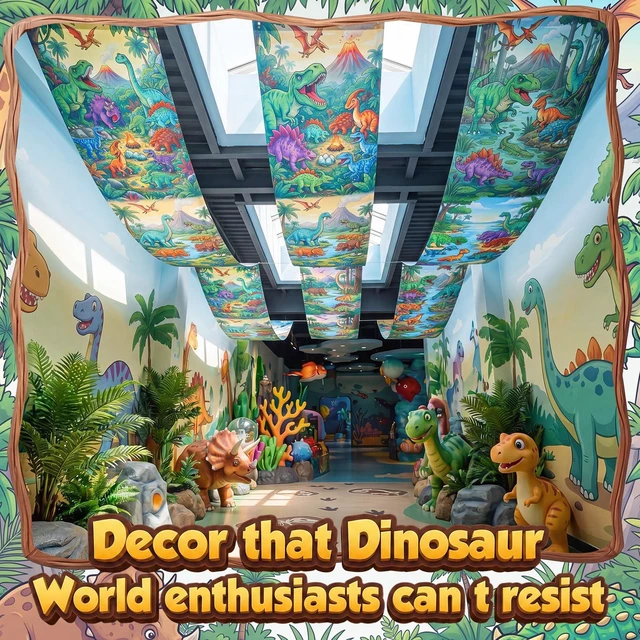 Alt view image 5 of 6 - 3 Pcs Dinosaur Themed Ceiling Decorations, 2 x 12 ft Hanging Fabric Ornaments, Prehistoric Style Party Supplies for Birthday Baby Shower Classroom Photo Backdrop & Various Events
