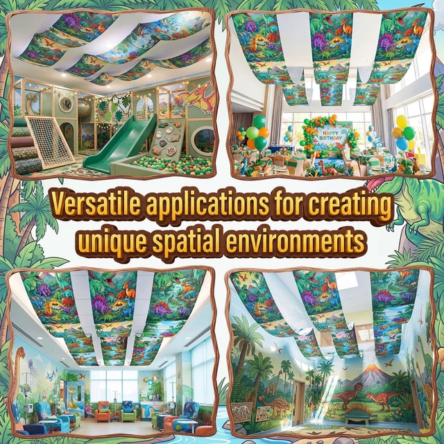 Alt view image 6 of 6 - 3 Pcs Dinosaur Themed Ceiling Decorations, 2 x 12 ft Hanging Fabric Ornaments, Prehistoric Style Party Supplies for Birthday Baby Shower Classroom Photo Backdrop & Various Events