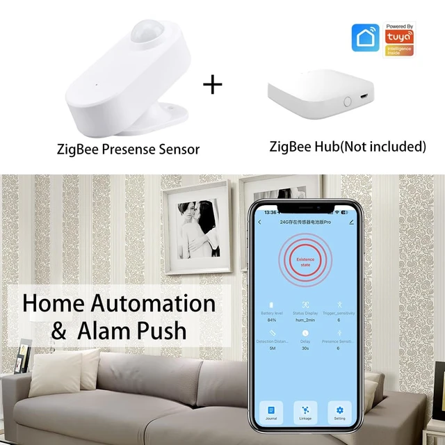 Alt view image 4 of 7 - Presence Sensor Wireless, Smart Motion Sensor Zigbee 24 GHz Radar MmWave Presence Sensor Movement Body Motion Detection with Luminance/Distance Tuya Smart Life Home Assistant