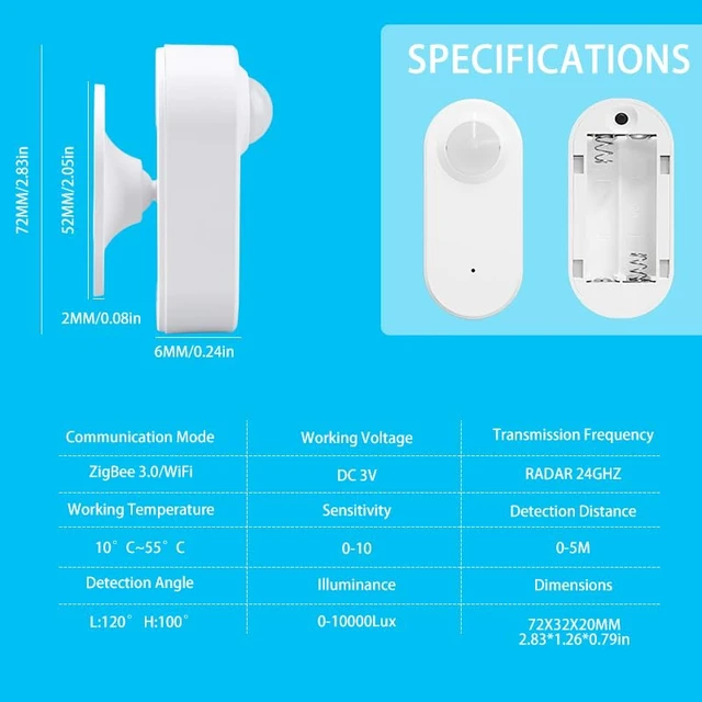 Alt view image 6 of 7 - Presence Sensor Wireless, Smart Motion Sensor Zigbee 24 GHz Radar MmWave Presence Sensor Movement Body Motion Detection with Luminance/Distance Tuya Smart Life Home Assistant