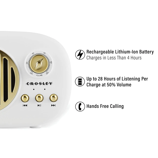 Alt view image 3 of 7 - CR3044A-WH Piper Portable Bluetooth Speaker, White Bluetooth In, Rechargeable Lithium-Ion Battery, Up to 28 Hours of Listening at 50% Volume, FM Radio, USB Playback