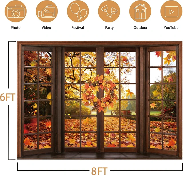 Alt view image 6 of 7 - Fall Window Backdrop Autumn Forest Scene Maple Leaf Photography Background Fall Harvest Thanksgiving Day Kids Adults Baby Shower Birthday Party Decoration Photo Shoot Prop (8x6FT)