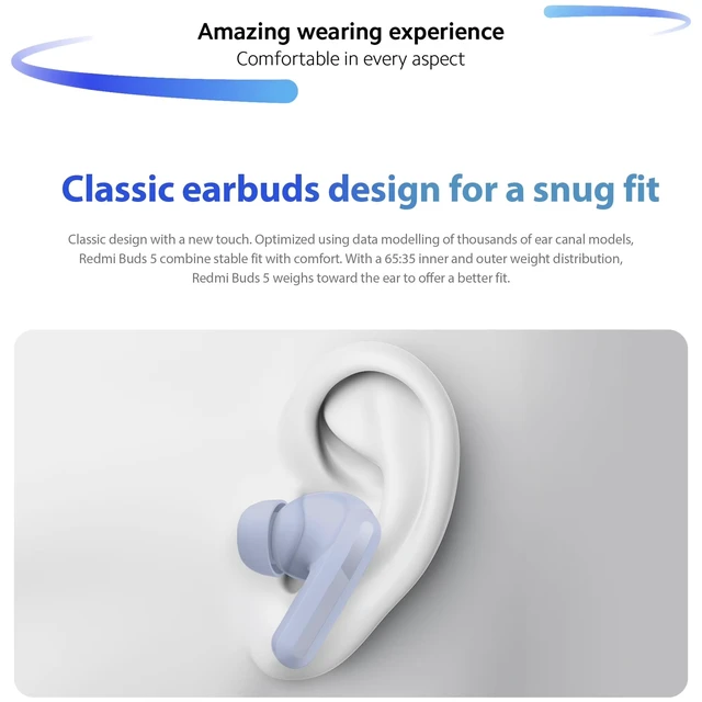 Alt view image 3 of 7 - Redmi Buds 5 Wireless in-Ear Earbuds with Charging Case (White) Active Noise Canceling, True Wireless, USB-C Charging Case, In-Ear Fit, Redmi Buds 5