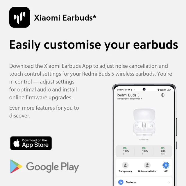 Alt view image 6 of 7 - Redmi Buds 5 Wireless in-Ear Earbuds with Charging Case (White) Active Noise Canceling, True Wireless, USB-C Charging Case, In-Ear Fit, Redmi Buds 5