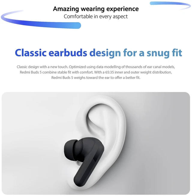 Alt view image 6 of 7 - Redmi Buds 5 Wireless in-Ear Earbuds with Charging Case (Black) Active Noise Canceling, True Wireless, USB-C Charging Case, In-Ear Fit, Redmi Buds 5
