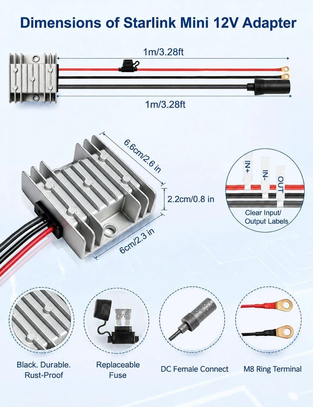 Alt view image 6 of 7 - Starlink Mini 12V Adapter, 30V 3.5A Step Up, Waterproof for RV, Marine IP68 sealed, Fuse protected, 9-28V input to 105W, Female plug - Off-grid, truck, outdoor, starlink mini accessories