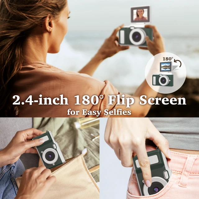 Alt view image 3 of 7 - Digital Camera, Digital Camera with Flip Screen Portable Camera (Green) 180° Flip Screen, Point and Shoot for Photography Retro Collectible Camera for Beginner, Travel, Parties, Birthday