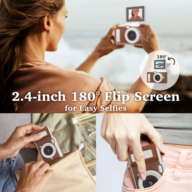 Alt view image 3 of 7 - Digital Camera, Digital Camera with Flip Screen Portable Camera (Brown) 180° Flip Screen, Point and Shoot for Photography Retro Collectible Camera for Beginner, Travel, Parties, Birthday