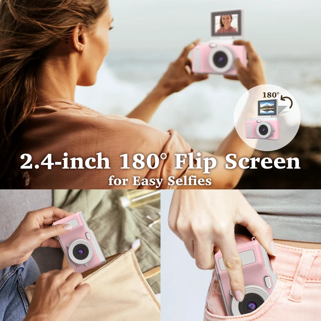 Alt view image 3 of 7 - Digital Camera, Digital Camera with Flip Screen Portable Camera (Pink) 180° Flip Screen, Point and Shoot for Photography Retro Collectible Camera for Beginner, Travel, Parties, Birthday