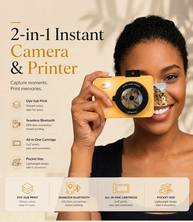 Alt view image 2 of 7 - Z5S 2x3 Instant Camera, Photo Printer for iPhone Android, 30 Sheet, Yellow Portable Bluetooth Printer for iPhone Android Smartphone Compatible,300 DPI Dye Sublimation, Gift, Kids, Fade Resistant