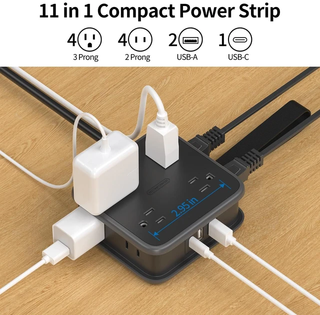 Alt view image 2 of 7 - Flat Plug Power Strip - 5 ft Extension Cord with Multiple Outlets, 8 Widely Outlets with 3 USB (1 USB C), 3 Side Outlet Extender, Overload Protection, Wall Mount for Home Office Dorm Room