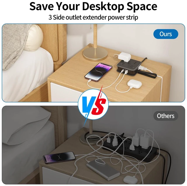 Alt view image 3 of 7 - Flat Plug Power Strip - 5 ft Extension Cord with Multiple Outlets, 8 Widely Outlets with 3 USB (1 USB C), 3 Side Outlet Extender, Overload Protection, Wall Mount for Home Office Dorm Room