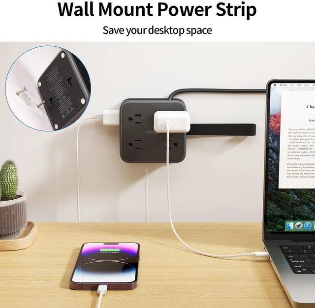 Alt view image 5 of 7 - Flat Plug Power Strip - 5 ft Extension Cord with Multiple Outlets, 8 Widely Outlets with 3 USB (1 USB C), 3 Side Outlet Extender, Overload Protection, Wall Mount for Home Office Dorm Room