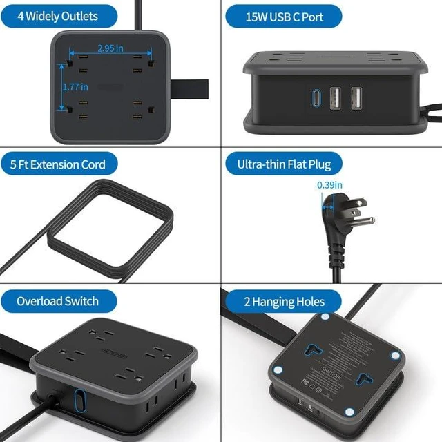 Alt view image 7 of 7 - Flat Plug Power Strip - 5 ft Extension Cord with Multiple Outlets, 8 Widely Outlets with 3 USB (1 USB C), 3 Side Outlet Extender, Overload Protection, Wall Mount for Home Office Dorm Room