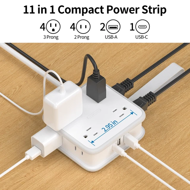 Alt view image 2 of 7 - Flat Plug Power Strip - 8 Widely Outlets with 3 USB (1 USB C), 3 Side Outlet Extender, 5 ft Extension Cord, Wall Mount, Overload Protection, Compact Power Strip for Home Office Dorm Room