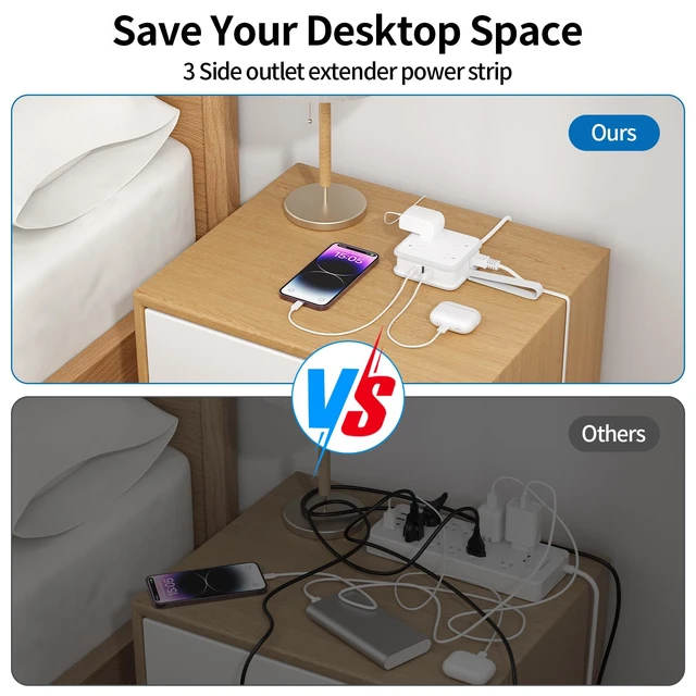 Alt view image 3 of 7 - Flat Plug Power Strip - 8 Widely Outlets with 3 USB (1 USB C), 3 Side Outlet Extender, 5 ft Extension Cord, Wall Mount, Overload Protection, Compact Power Strip for Home Office Dorm Room