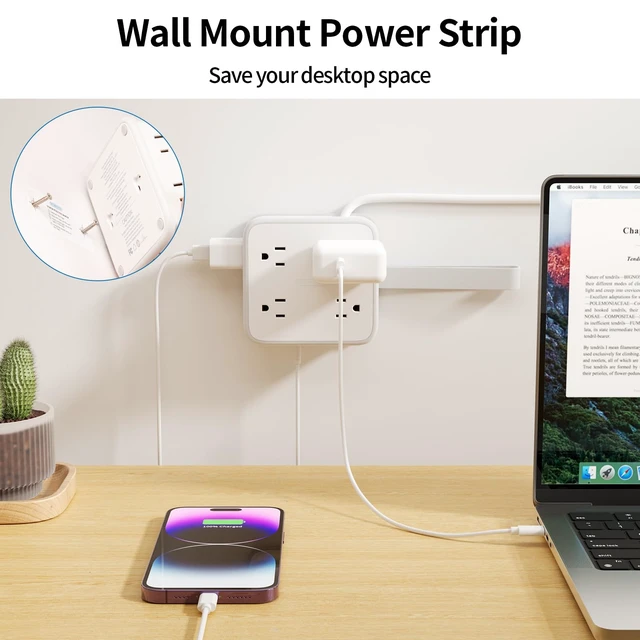 Alt view image 5 of 7 - Flat Plug Power Strip - 8 Widely Outlets with 3 USB (1 USB C), 3 Side Outlet Extender, 5 ft Extension Cord, Wall Mount, Overload Protection, Compact Power Strip for Home Office Dorm Room