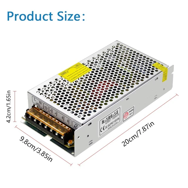 Alt view image 2 of 7 - 12V 15A 180W Power Supply Adapter Regulated Switching AC to DC Adapter 110V/240V AC to DC12V 15Amp Transformer Switch,2 Output Ports,for LED Strip 3D Printer CCTV Camera LCD Monitor,Indoor Use
