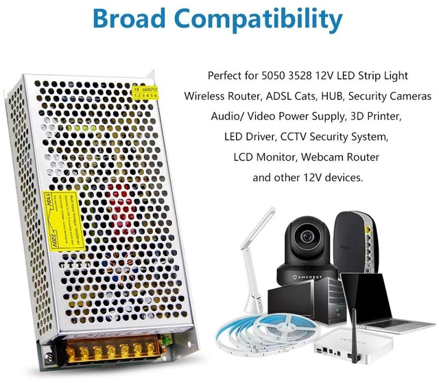 Alt view image 6 of 7 - 12V 15A 180W Power Supply Adapter Regulated Switching AC to DC Adapter 110V/240V AC to DC12V 15Amp Transformer Switch,2 Output Ports,for LED Strip 3D Printer CCTV Camera LCD Monitor,Indoor Use