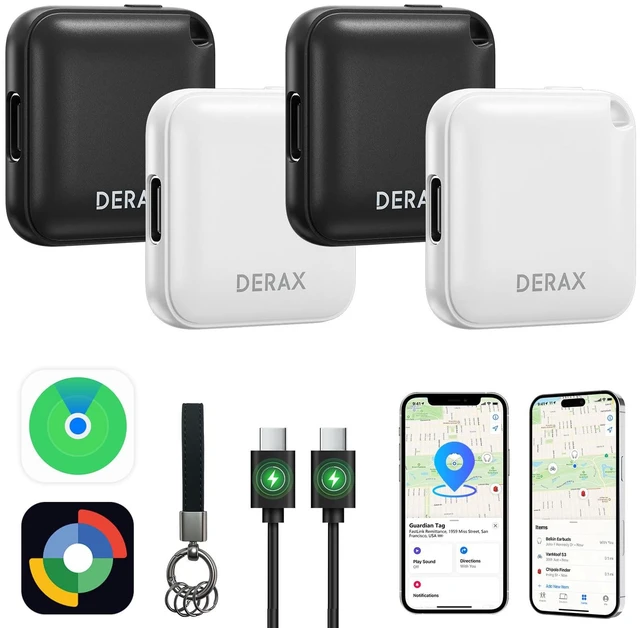 Main image of Air Tracker (iOS and Android) 4-Pack Rechargeable Android Tracker Tag Bluetooth Item Finder, Compatible with Apple Find My & Google Find Hub for Keys Wallet Luggage and More, Black & White