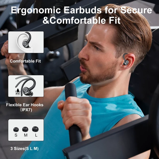 Alt view image 4 of 4 - Wireless Earbuds Sport, Bluetooth 5.3 Headphones 3D Stereo Over Ear Buds with Earhooks, 48H Bluetooth Earbuds Built-in Mic, LED Display, IP7 Waterproof Earphones for Workout Running Sports Ivory Black