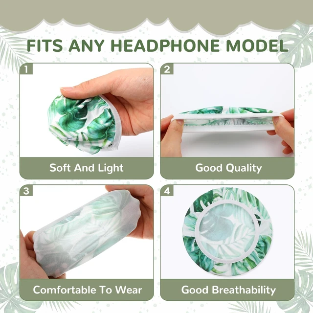 Alt view image 3 of 6 - 2 Pairs Monstera Leaf Flex Fabric Headphones Covers Green Stretchable Washable, Ear Cup Protectors, Sweat Resistant, Ear Pad Sleeves, Headphone Accessories for Gym, Gaming, 3.54inch