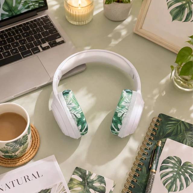 Alt view image 5 of 6 - 2 Pairs Monstera Leaf Flex Fabric Headphones Covers Green Stretchable Washable, Ear Cup Protectors, Sweat Resistant, Ear Pad Sleeves, Headphone Accessories for Gym, Gaming, 3.54inch