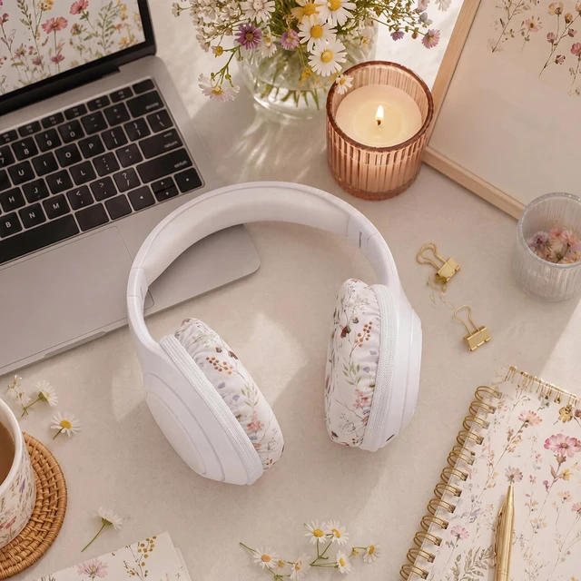 Alt view image 4 of 6 - 2 Pairs Wildflower Fabric Headphone Covers Stretchable Elastic Ear Cup Protectors, Vintage Washable, Sweatproof Ear Pad Sleeves, Boho Headphone Accessories, Study Gaming Gym, 3.54 Inch